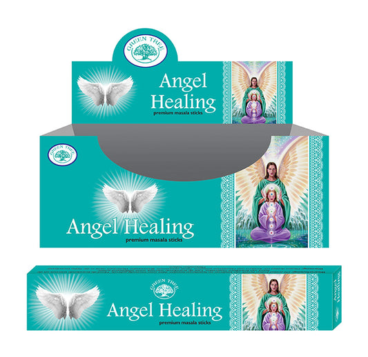 Green Tree angel healing incense sticks, 15 grams, with green packaging and natural wood scent for spiritual and aromatic use.