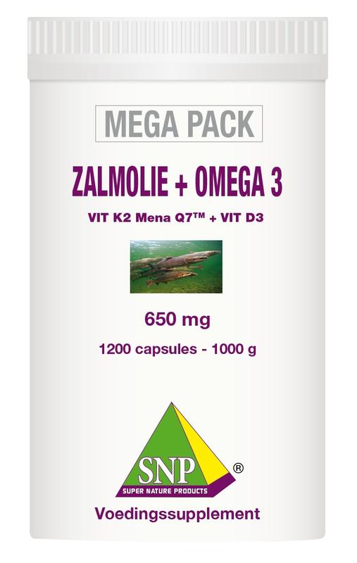 SNP Zalmolie & Omega 3 Vetzuren Megapack with 1200 capsules, showing softgel capsules of salmon oil and omega-3 supplement.