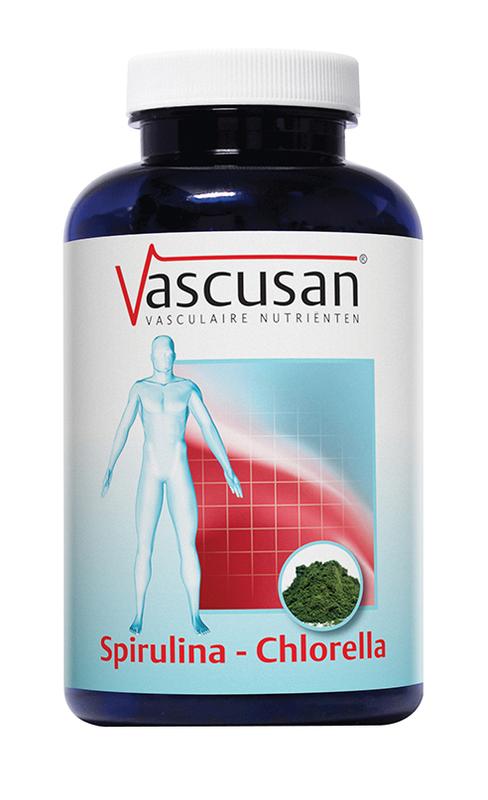 Vascusan Spirulina chlorella herbal supplement tablets in a bottle, dietary supplement for health and wellness.