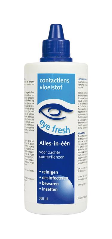 Eyefresh Alles-in-1 contact lens solution bottle, 360ml, for soft contact lenses, in a clear plastic container.