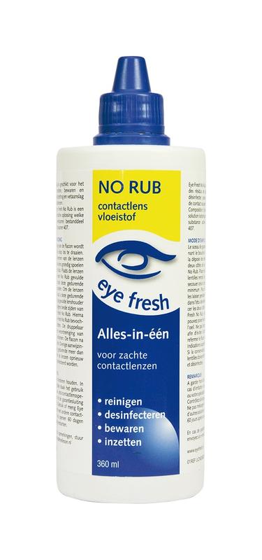 Eyefresh No Rub Alles-in-1 contact lens solution in a 360ml bottle, ideal for cleaning and caring for soft contact lenses.