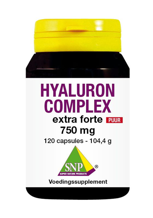 SNP Hyaluron Complex 750mg pure multivitamin capsules, showing 120 capsules in a bottle for skin hydration and joint support.