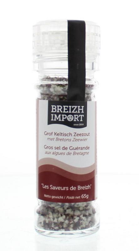 Dried Celtic sea salt with seaweed from Breizh Import, 65g, in a clear container, suitable for seasoning and culinary use.