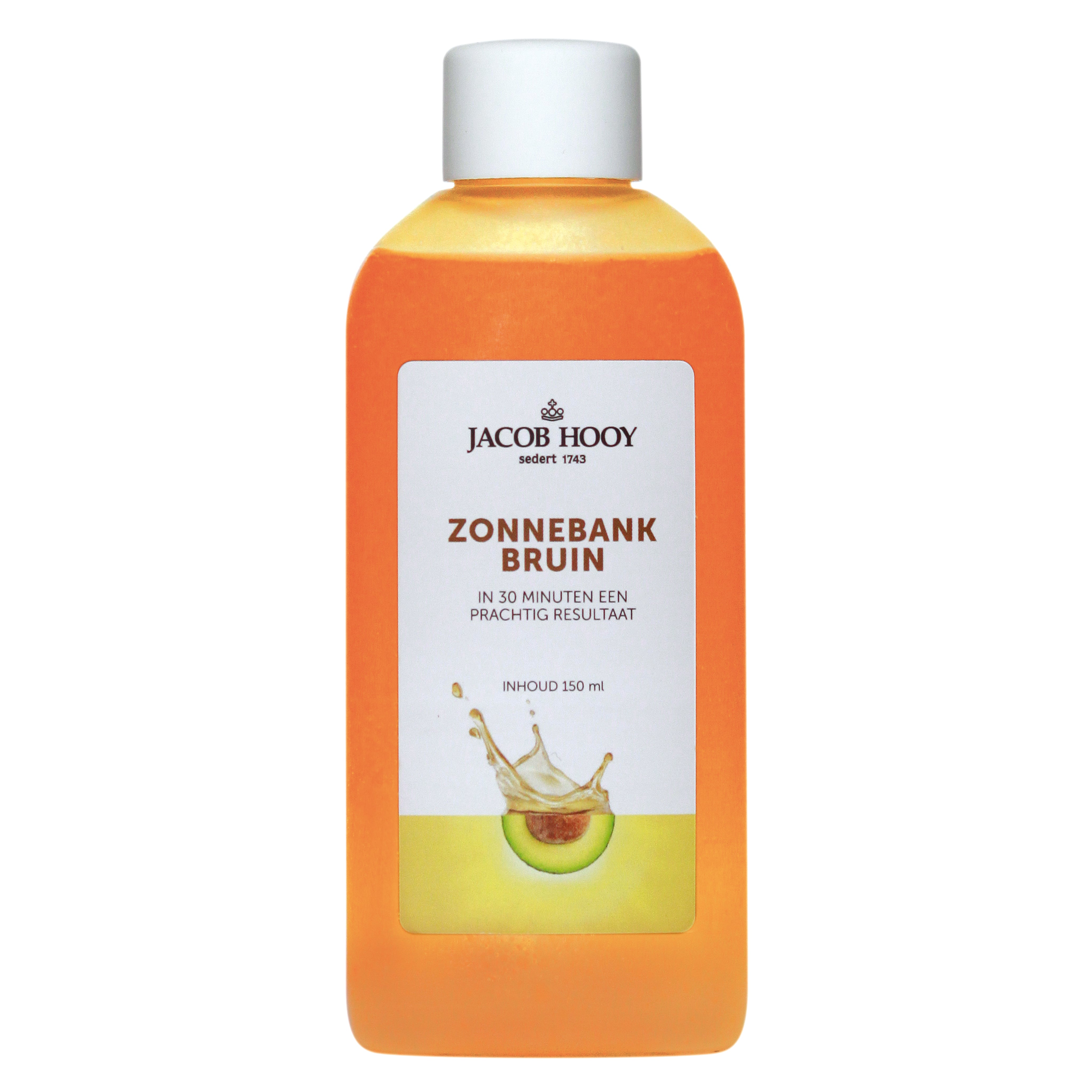 Jacob Hooy Zonnebankbruin tanning lotion in a 150ml bottle, with a smooth, golden-colored label and product details visible.