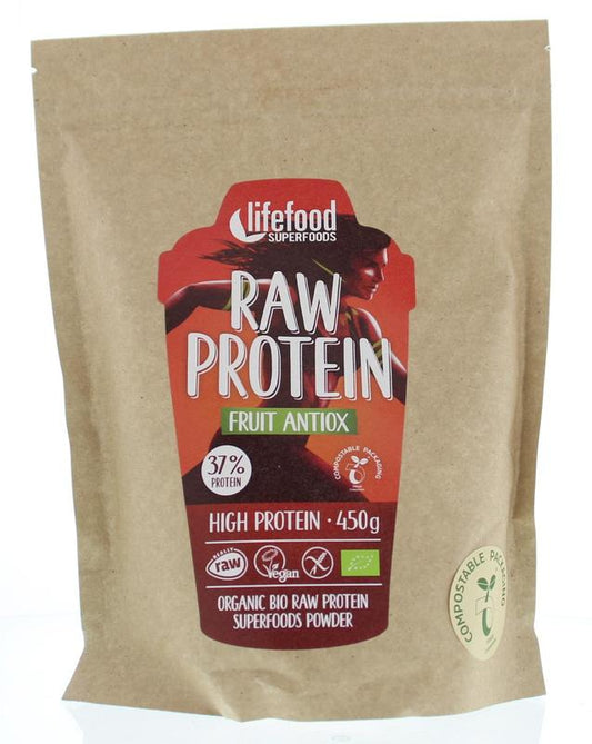 Lifefood raw fruit antioxidant protein powder in a 450g package, superfoods supplement with natural fruit ingredients.
