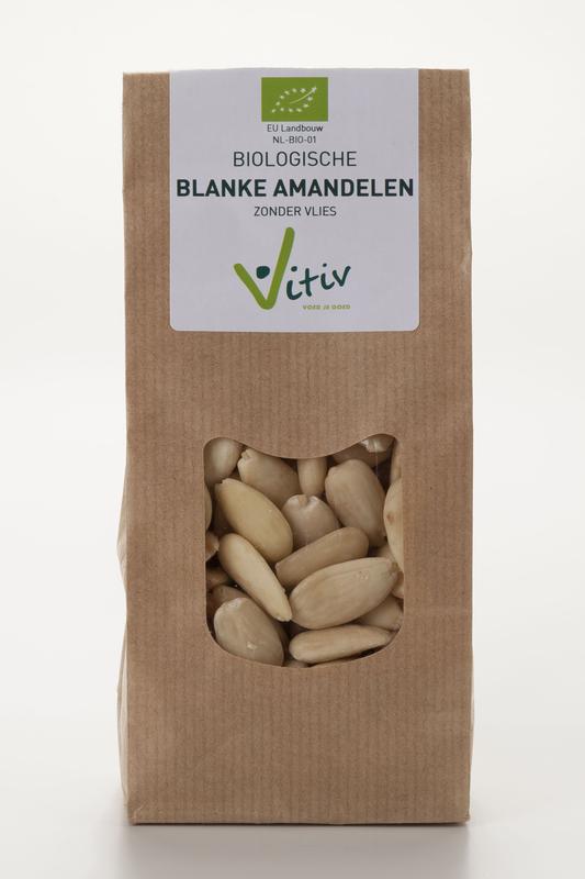 Raw organic Vitiv almonds without skins, 1 kilogram, fresh superfoods in a natural close-up shot.