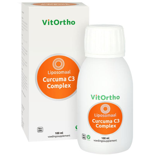 Bottle of VitOrtho Curcuma C3 complex liposomaal herbal supplement in 100ml container, featuring colorful label and packaging.