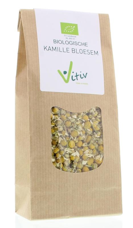 Vitiv Kamille bloesem bio, 50g, organic chamomile flowers in a clear jar, used for herbal tea and natural remedies.