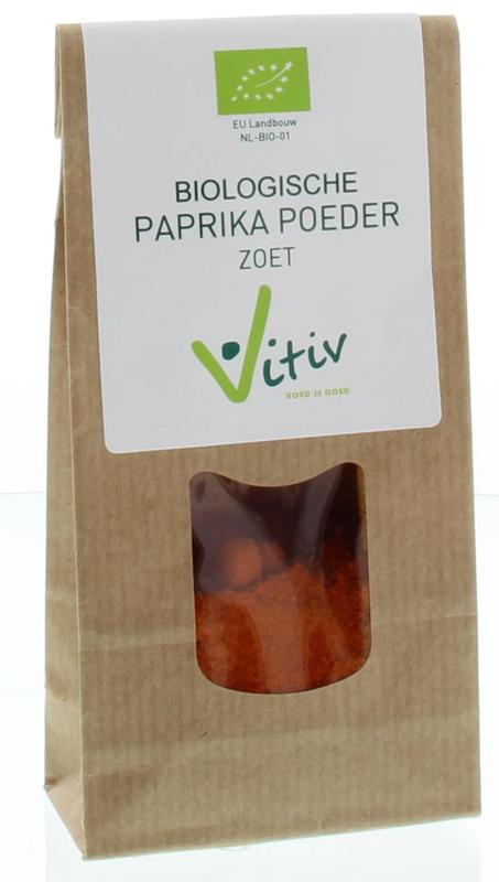 Vitiv organic sweet paprika powder in a 50g container, a vibrant red spice used in cooking and seasoning.