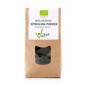 Vitiv bio spirulina powder in a 250g package, raw superfood supplement with vibrant green color, ideal for smoothies and health drinks.