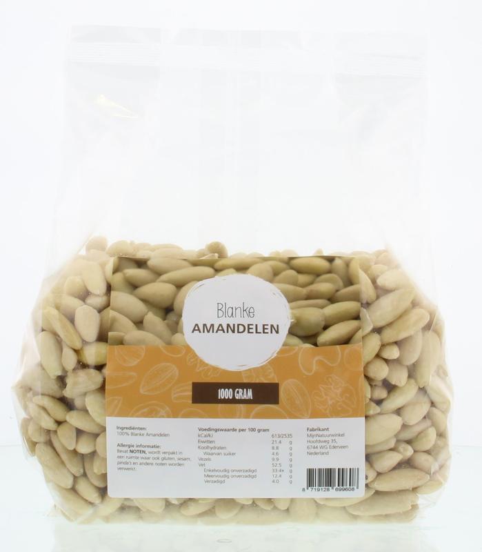Raw white almonds from MijnNatuurwinkel, 1 kg, in a clear bag, showcased as fresh superfood almonds.
