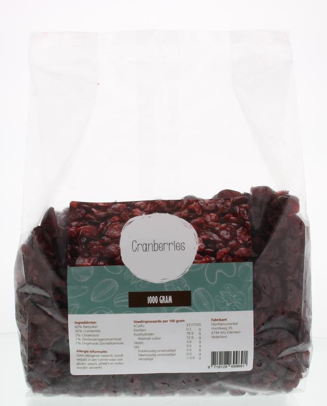MijnNatuurwinkel Cranberries with rietsuiker in a 1kg bag, a natural snack and tussendoortje with dried cranberries and sugar.