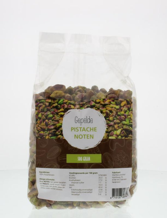 Raw gepelde pistache noten from MijnNatuurwinkel in a 500g package, showcasing the fresh, natural pistachio nuts.