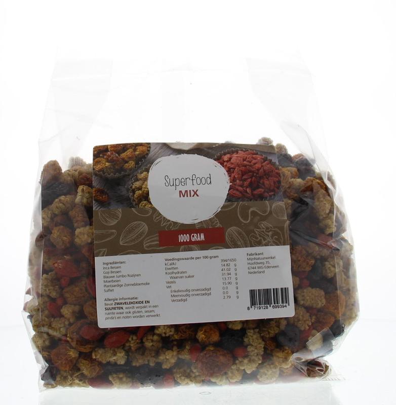 MijnNatuurwinkel Superfood mix in 1kg bag, featuring raw and healthy superfoods for nutritious smoothies and snacks.