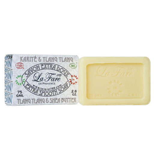 La Fare 1789 Zeep extra smooth shea butter and ylang ylang soap, 75g, with a creamy texture and floral fragrance.