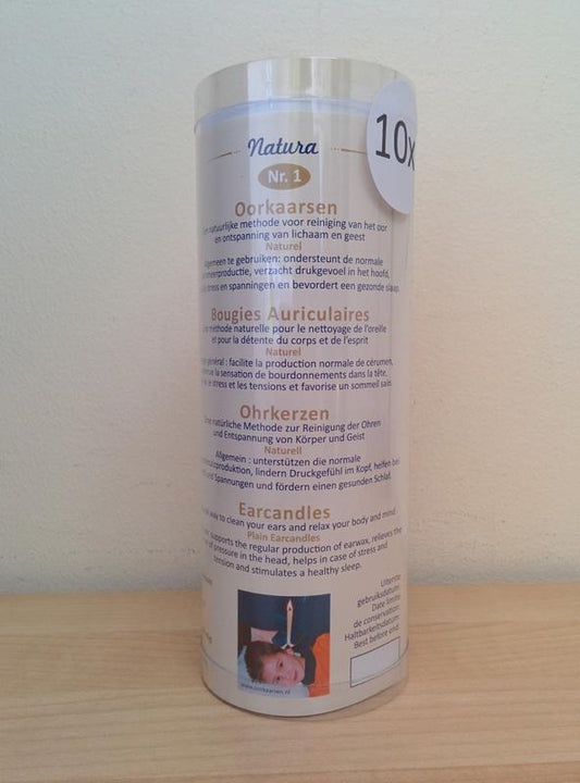 Natura Oorkaarsen naturel nr. 1, 10-pack of ear candles for natural ear care, displayed in a box on a white background.