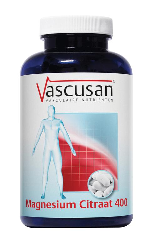 Vascusan Magnesium Citraat 400 tablets bottle, mineral supplement, white round tablets in container