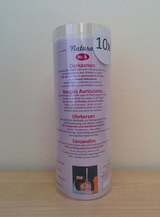 Natura Oorkaarsen reinigend en opbouwend nr. 4, set of 10 ear candles for gentle ear care and cleansing.