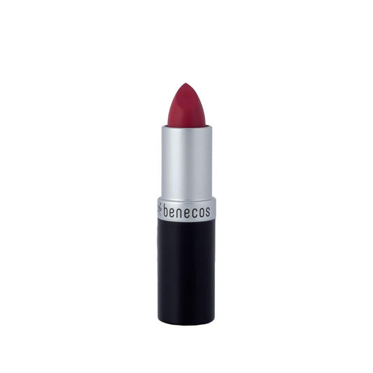 Benecos Natural Beauty matte lipstick in shade wow, showing the smooth, vibrant pink lipstick bullet on a neutral background.