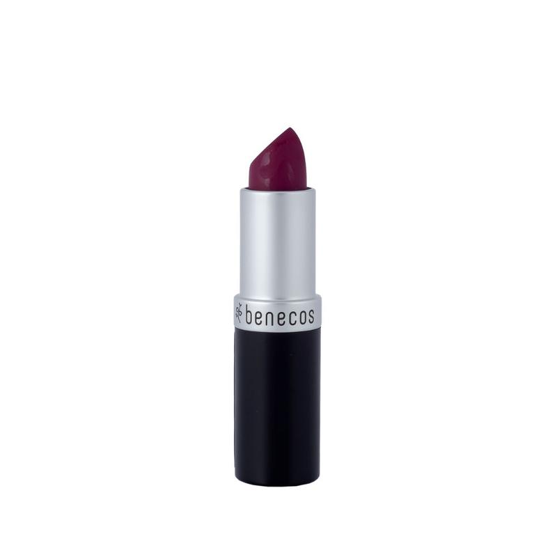 Benecos Natural Beauty matte lipstick in Very Berry shade, showing the lipstick bullet with natural makeup look.