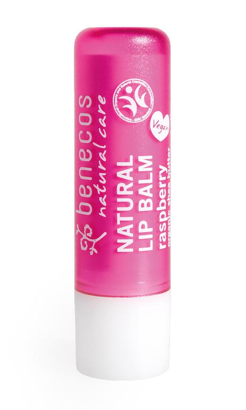 Benecos Natural Beauty raspberry lip balm tube, natural lip care product with raspberry flavor, shown in close-up.