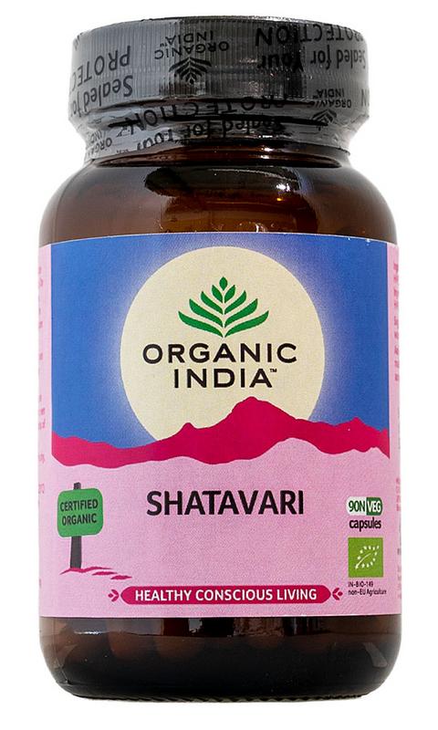 Organic India Shatavari bio capsules, herbal supplement in a bottle, for women's health and hormonal support.