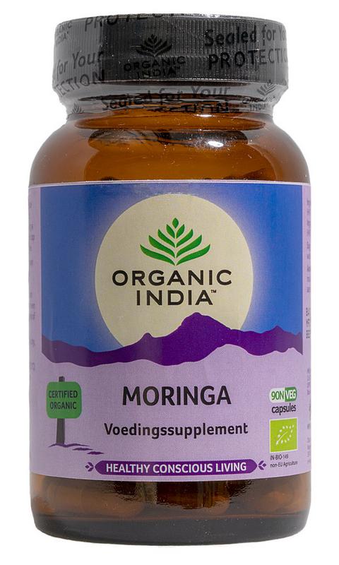 Organic India Moringa bio capsules in a bottle, herbal supplement from Organic India, with 90 capsules for health and wellness.