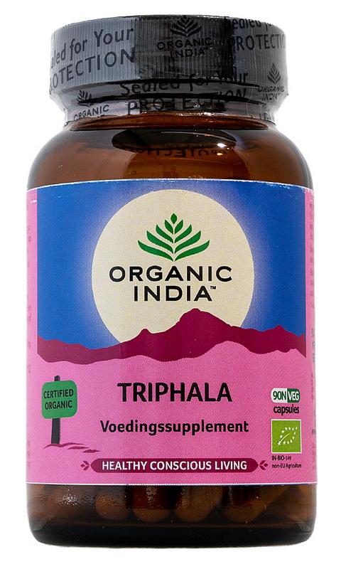 Organic India Triphala bio vegetarian capsules in a bottle, showing the label and capsules inside, part of herbal supplement products.
