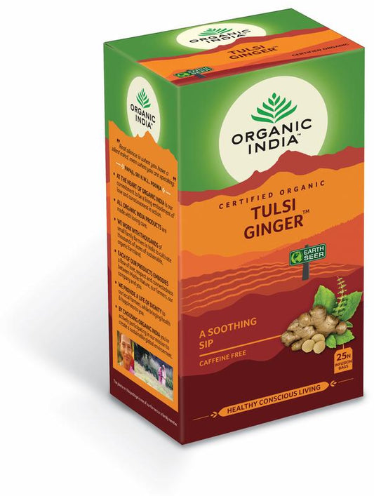 Organic India Tulsi ginger tea in 25 tea bags, featuring organic herbal blend with ginger and tulsi leaves, in a tea package.