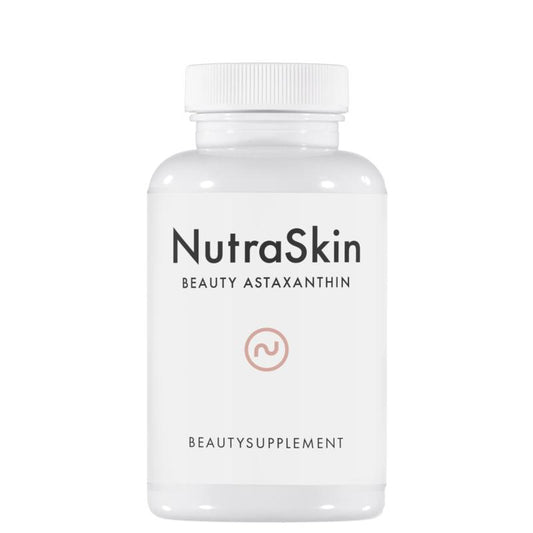 Nutraskin Astaxanthin beauty softgels in a bottle, dietary supplement for skin health, natural herbal product by Nutraskin