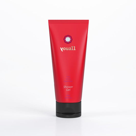 YouAll Sauna douchegel 200ml, soothing bath and shower gel with natural ingredients, in a clear bottle with label.