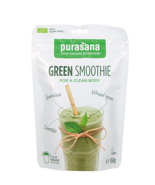 Purasana Green Smoothie Shake vegan bio in 150g package, showing fresh green ingredients and product label.