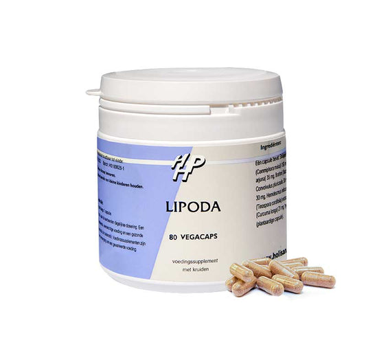 Holisan Lipoda herbal capsules in a bottle, dietary supplement for wellness, featuring natural ingredients and supplement packaging.