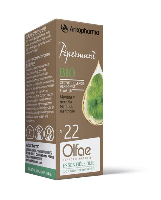 Olfae Pepermunt 22 bio herbal preparation in a 10ml bottle, featuring fresh peppermint leaves and herbal ingredients.