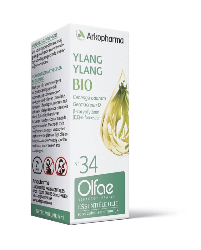 Olfae Ylang Ylang 34 bio herbal preparation bottle, 5ml, with a clear label and cap, on a neutral background