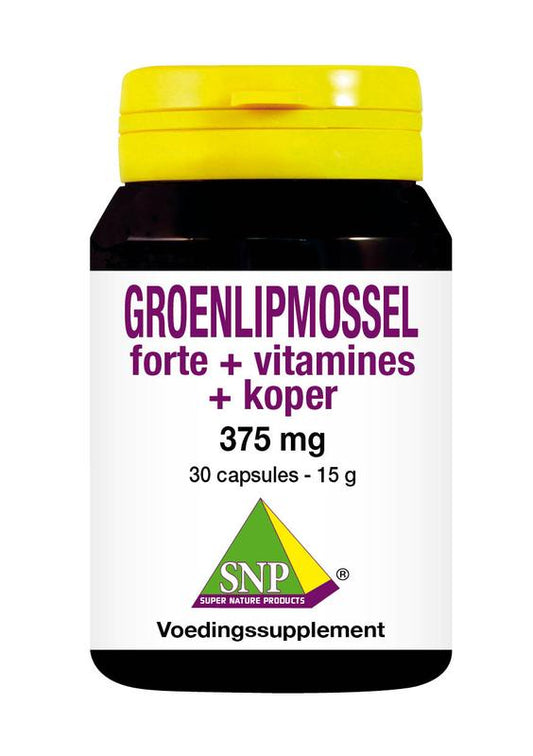 SNP Groenlipmossel Forte capsules with vitamins and copper, dietary supplement in a bottle of 30 capsules.