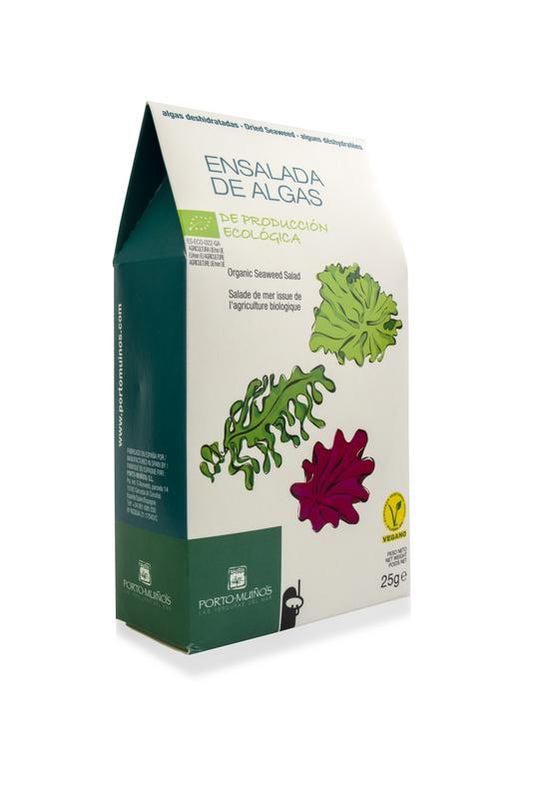 Porto-Muinos 3 Zeewierenmix bio, 25g organic seaweed mix with potatoes, vegetables, and fruit shown in the image.