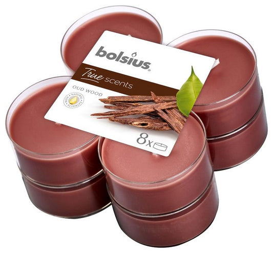 Bolsius True Scents Maxilicht old wood candles, set of 8, decorative candles with a warm wood scent.