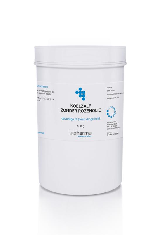 Bipharma Koelzalf zonder rozenolie in 500g tub, lichaamsverzorging product with a white container and label.