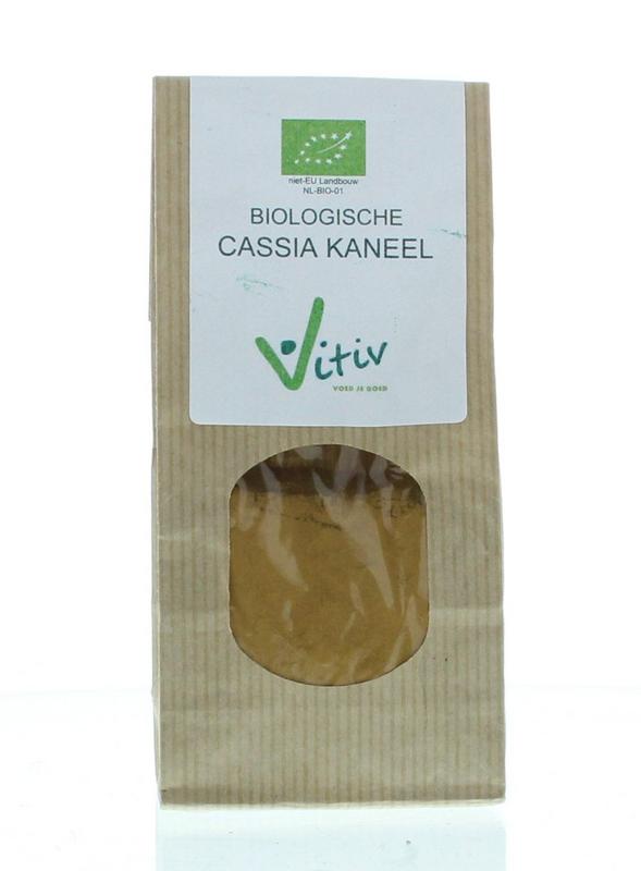 Vitiv Cassia kaneel bio 100g in a clear jar, showing light brown cinnamon sticks and powder for baking and cooking.