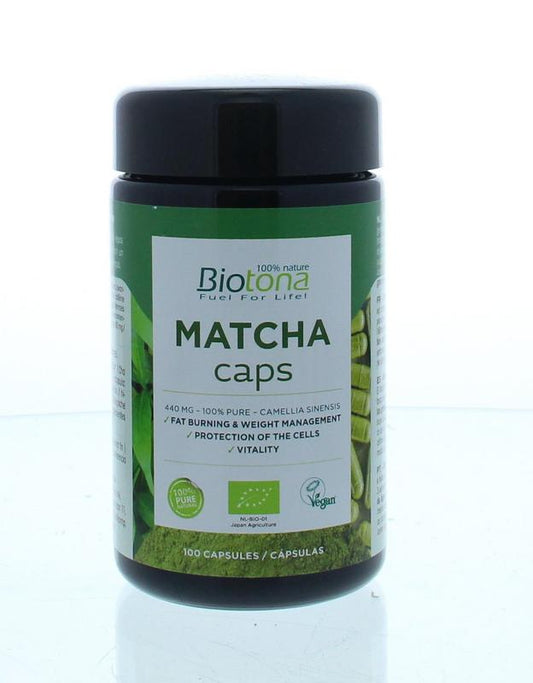 Biotona Matcha bio herbal supplement capsules, 100 count, featuring green tea extract in a white bottle with green label.