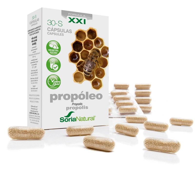 Soria Natural 30-S Propolis XXI herbal supplement capsules, showing a bottle of 30 capsules with herbal extract labels.