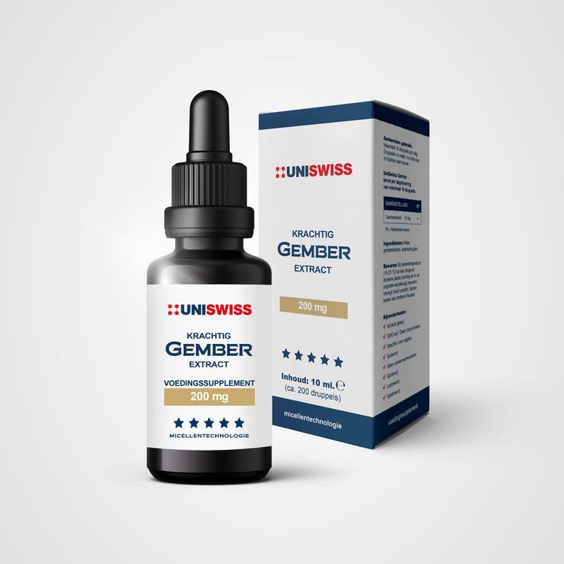 Uniswiss Gember kruidenpreparaat in 10 ml bottle, showcasing fresh ginger root and herbal supplement packaging.