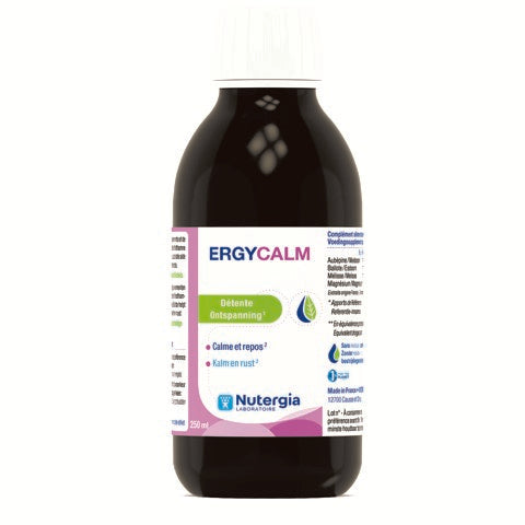 Nutergia Ergycalm herbal supplement bottle with 250ml capacity, featuring a label with green and white design.