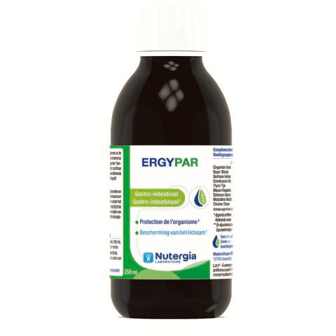 Nutergia Ergypar herbal supplement bottle, 250ml, featuring natural herbs in a clear glass container with a label.