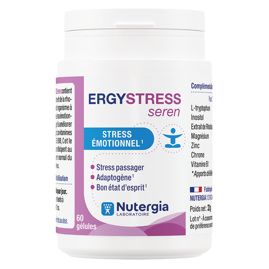 Nutergia Ergystress Seren herbal supplement capsules, 60-count, featuring natural ingredients for stress relief.