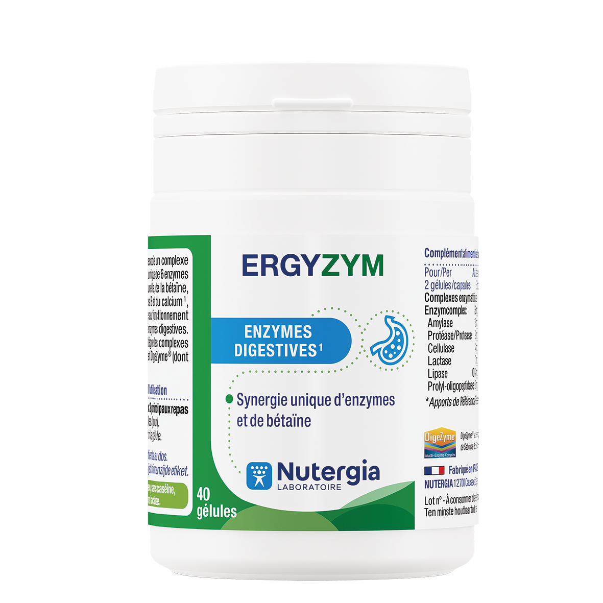 Nutergia Ergyzym capsules, dietary fiber and enzyme supplement, shown in a bottle with a label and capsules inside.