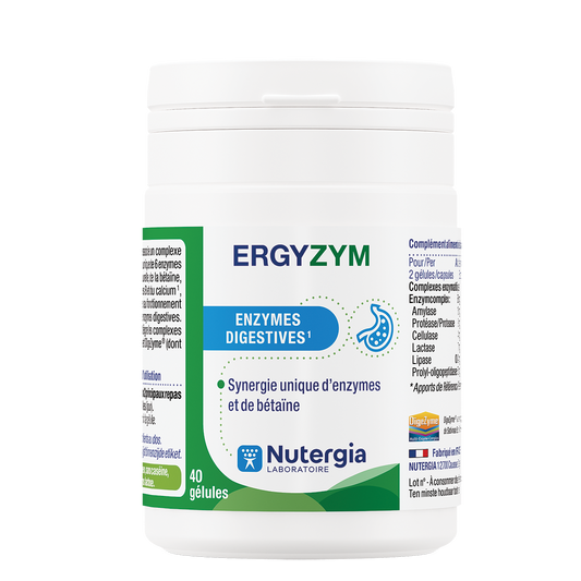 Nutergia Ergyzym capsules, dietary fiber and enzyme supplement, shown in a bottle with a label and capsules inside.