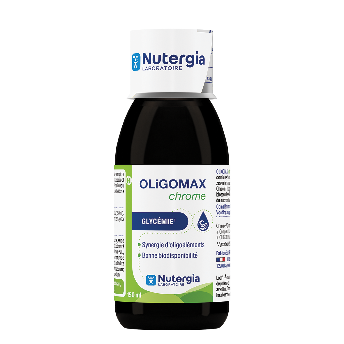 Nutergia Oligomax Chrome mineral supplement bottle, 150ml, with the label and cap visible in the image.
