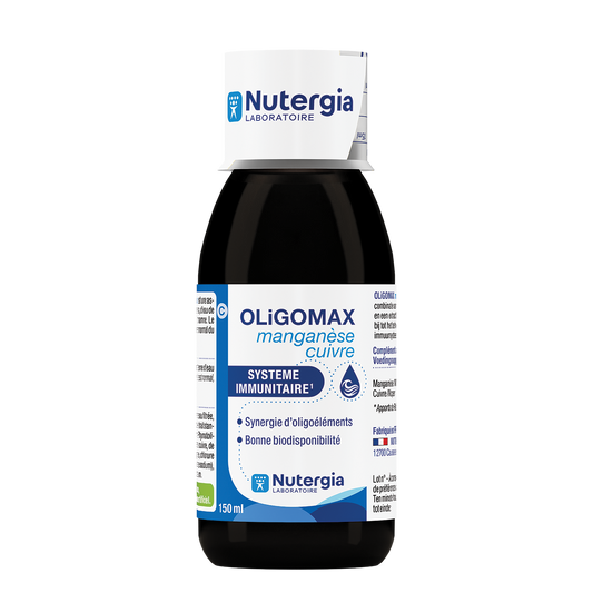 Nutergia Oligomax mineral supplement bottle containing manganese and copper, 150ml, with a clear label and dropper cap.